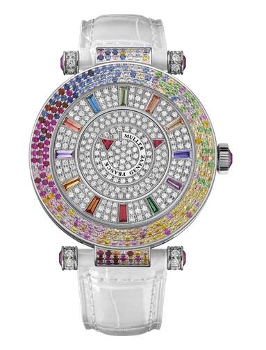 Franck Muller Watch Auto Double Mystery - Four Seasons 42 mm 18k White Gold with 412 Diamonds 3.80 Carats And 216 Colored Sapphires and Tsavorite 2.38 carats on A White Hand  Sewn Alligator Strap