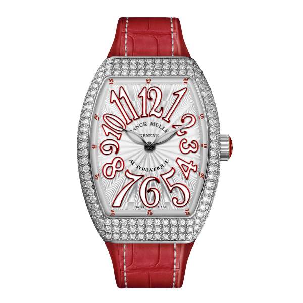 Franck Muller Watch Stainless Steel Vanguard Case Pave Diamond Case With Red Insert on Both Side 320 Round Diamond= ~3.98 Ctw White Dial Red And White Numerals On A Red Hand Sewn Alligator Strap White Rubber strap Provident Jewelery