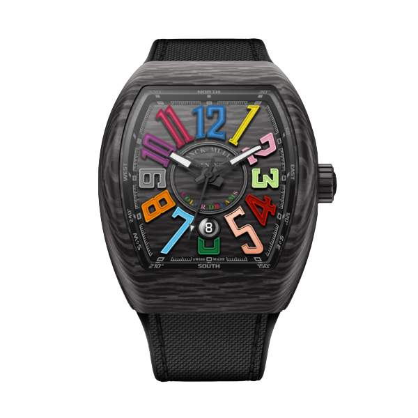 Franck Muller Vanguard Watch Color Dreams 44mm Forged Carbon Case Black Insert On A Hand sewn alligator strap Brushed folding buckle Provident Jewelery