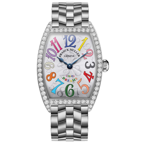 Franck Muller Watch Curvex Color Dreams 29mm Stainless Steel Case And Bracelet 1 Row Of 64 Round Diamond= ~1.05 Ctw  White Dial Stamped Guilloché With Sun pattern Provident Jewelery
