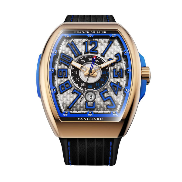 Franck Muller Watch Vanguard Racing Colorado Limited Edition 45mm 18K Rose Gold Case Blue Insert On Both Side Silver Dial Black And Blue Numerals On A Black Leather, Rubber Strap Gold Buckle