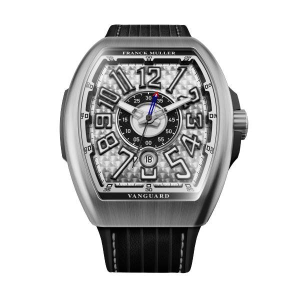 Franck Muller Watch Auto Vanguard Racing Colorado Grand Limited Edition 45mm Stainless Steel Case Black Insert On Both Side Silver Dial Black And White Numerals On A Black Leather, Rubber Strap Brushed stainless steel