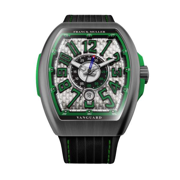 Franck Muller Watch Vanguard Racing Colorado Grand Limited Edition 45mm Titanium Case Green Insert On Both Side Silver Dial Black And Green Numerals On A Black Leather, Rubber Strap Brushed Titanium folding buckle Provident Jewelery