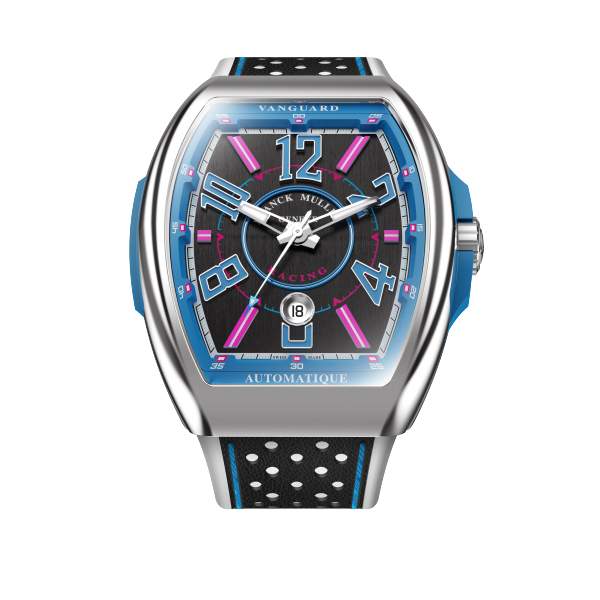 Franck Muller Watch Auto 45mm Vanguard, Racing Miami Limited Edition Date, Blue Insert, Black Dial Blue Numerals On A White Hand sewn multi perforated leather Blk Calf/White Rub strap Stainless Steel folding buckle Provident Jewelery