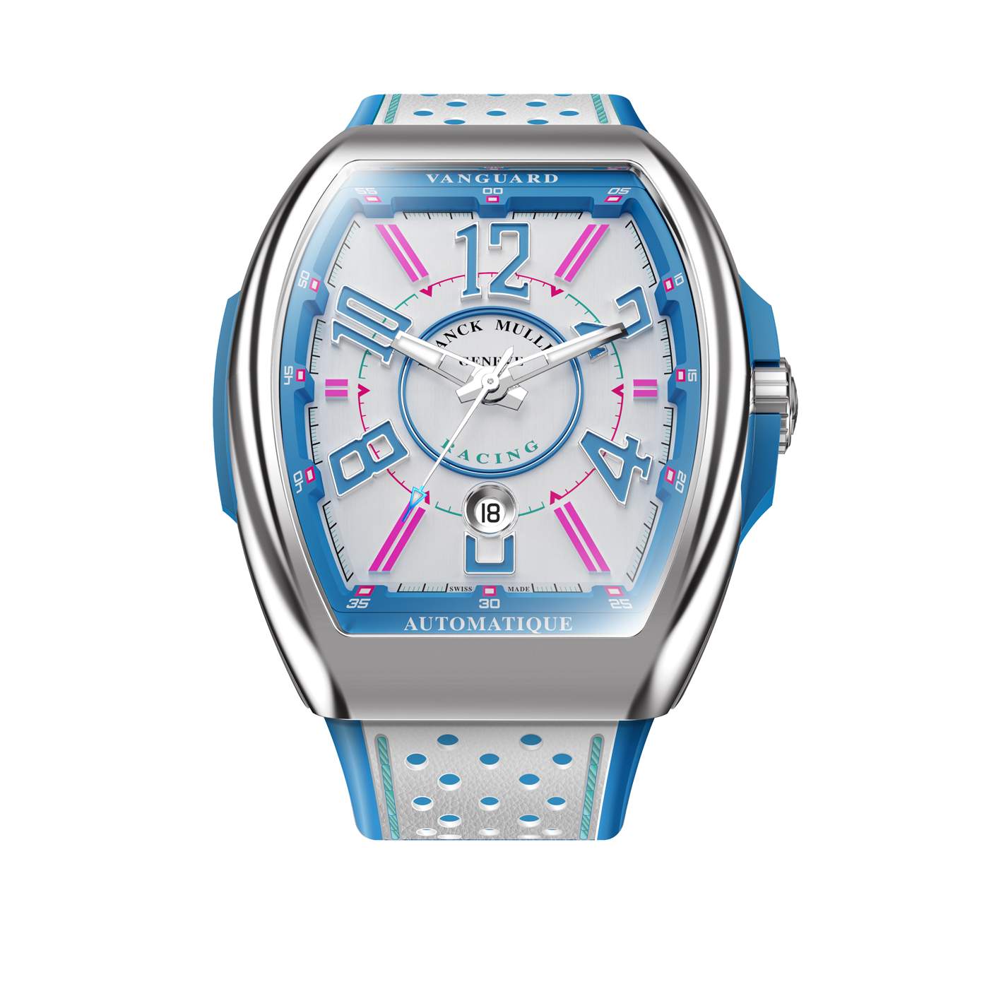 Franck Muller Watch Vanguard Racing Miami Limited Edition 45mm Date Blue Insert 120/75 White Dial Blue Numerals On A White Calf/BL Rub Hand sewn multi perforated leather strap Stainless Steel folding buckle Provident Jewelery