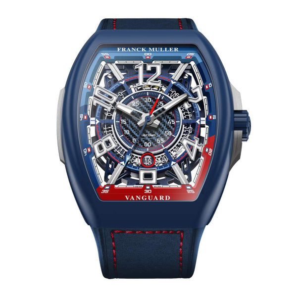 Franck Muller Watch Vanguard BMW Racing Franck Bill Auberlen Blue Titanium 45mm Case Skeletonized Speedometer Dial Stainless steel inserts on both sides of the case On A Blue Suede Rubber Strap Stainless steel buckle Limited Edition 59/61