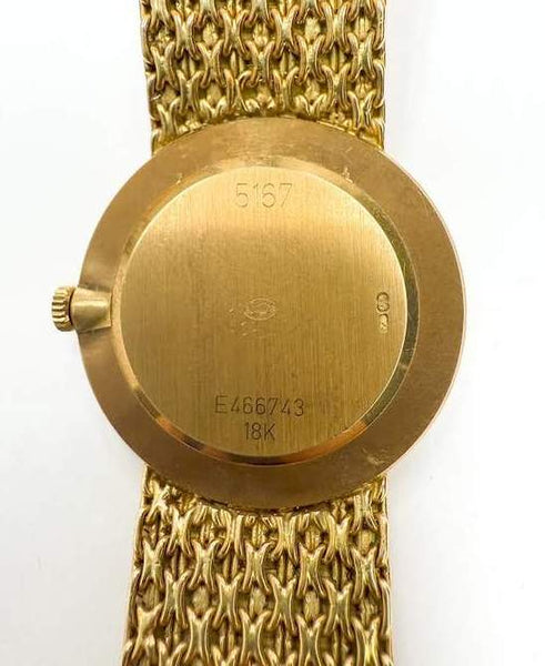 PRE-OWNED Watch; 18K Yellow Gold Rolex CELLINI Roman Mop Diamond Dial, Gold Attached Bracelet with Rolex Crown on Buckle, Manual Wind, Papers Dated 1991 Paris 5167/E466743 Provident Jewelery