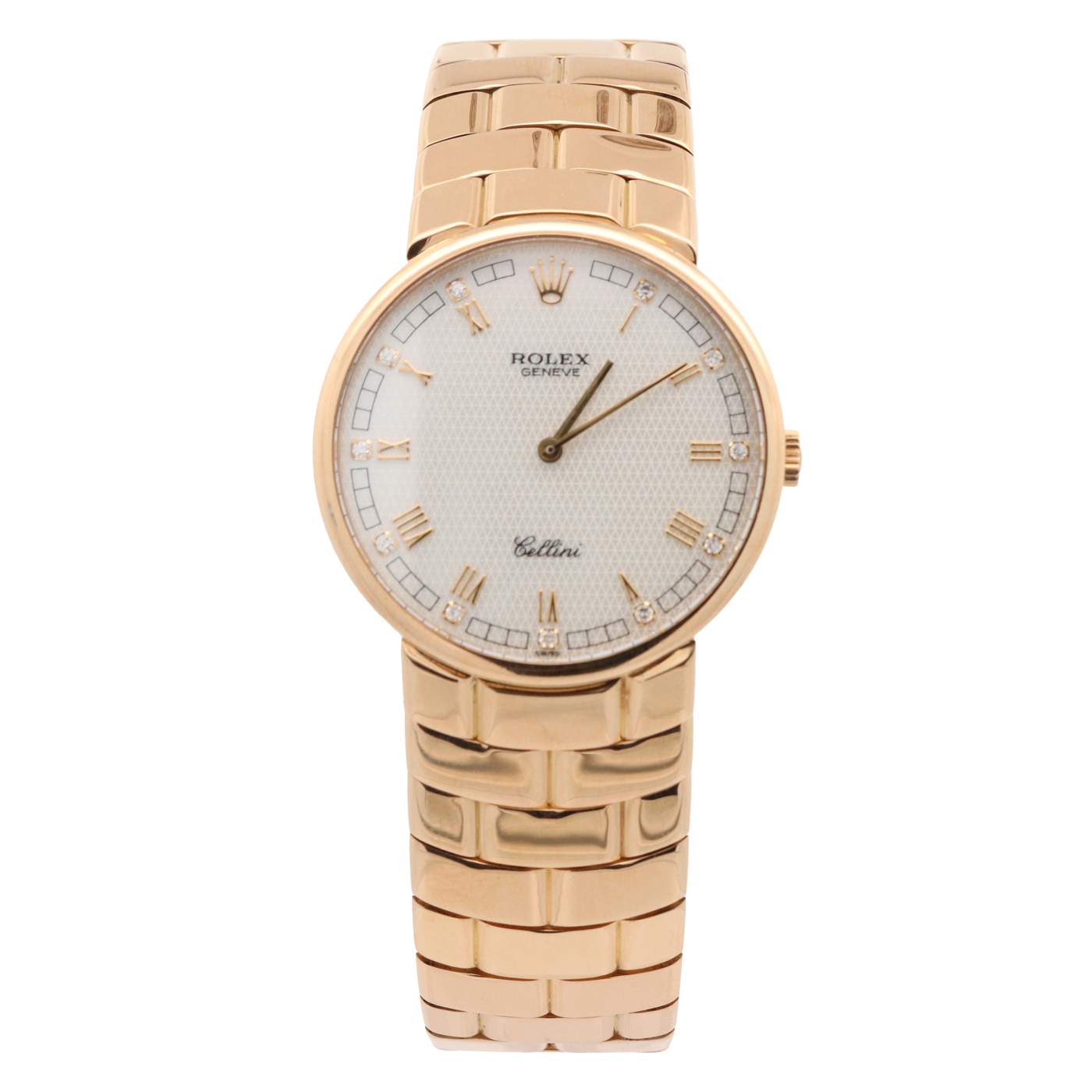 PRE-OWNED Watch; 18K Yellow Gold Rolex CELLINI Roman Mop Diamond Dial, Gold Attached Bracelet with Rolex Crown on Buckle, Manual Wind, Papers Dated 1991 Paris 5167/E466743 Provident Jewelery