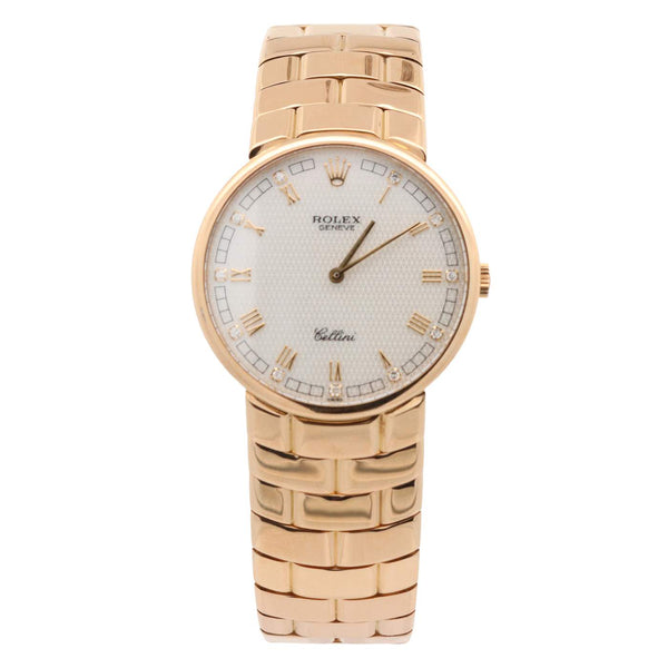 PRE-OWNED Watch; 18K Yellow Gold Rolex CELLINI Roman Mop Diamond Dial, Gold Attached Bracelet with Rolex Crown on Buckle, Manual Wind, Papers Dated 1991 Paris 5167/E466743 Provident Jewelery