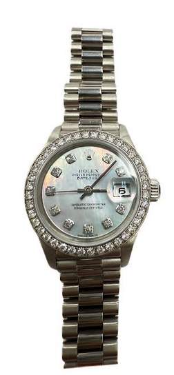 Pre-Owned Rolex Ladies President 18K White Gold, Original MOP Diamond Dial  & Bezel