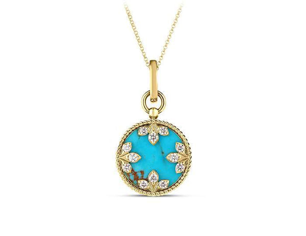 Roberto Coin 18k Yellow Gold Turquoise And Diamond Venetian Princess Pendant, 17mm, 18" Chain