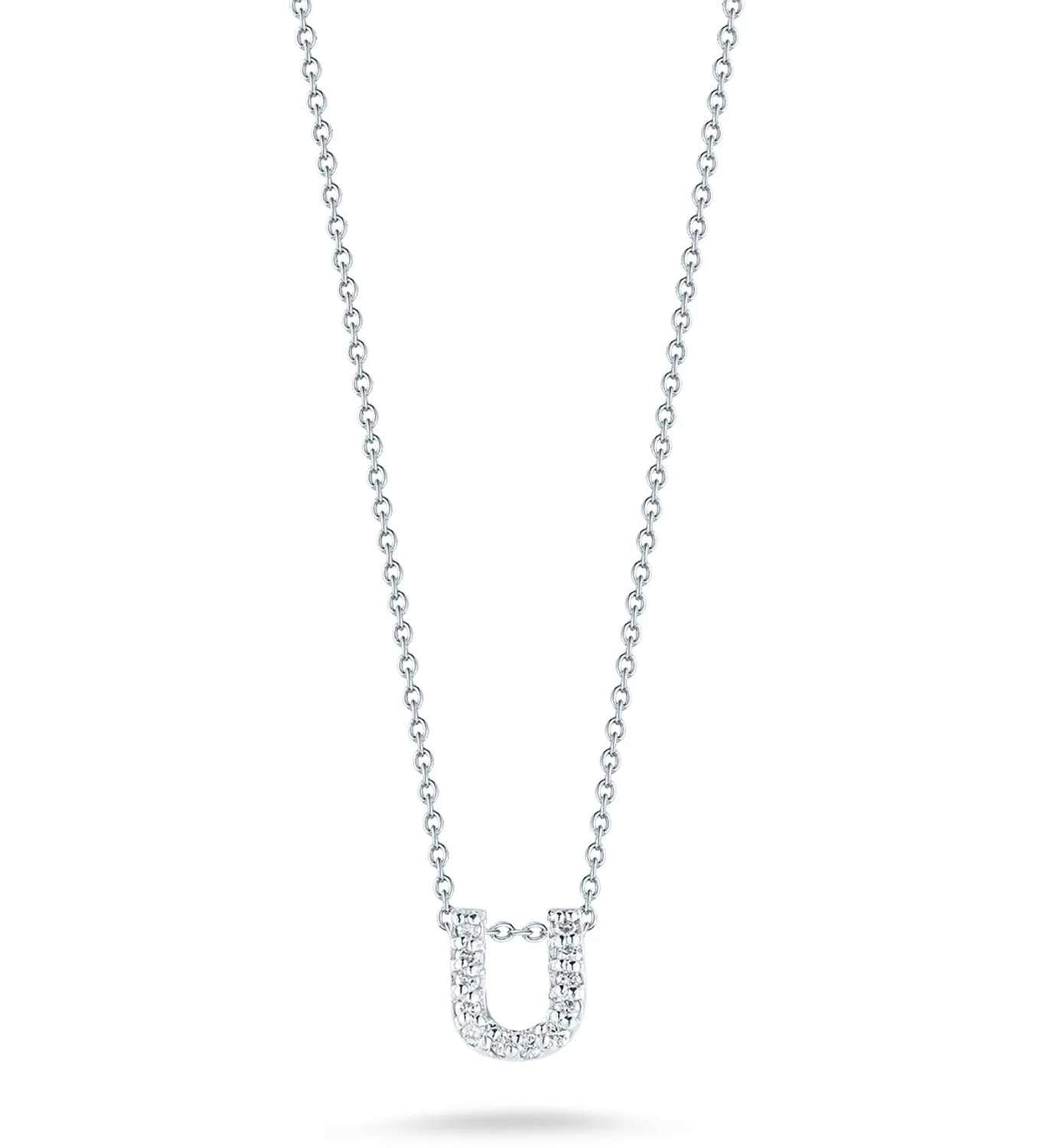 Roberto Coin 18K White Gold Tiny Treasures .06ctw Diamond Love Letter "U" 16/18" Necklace,