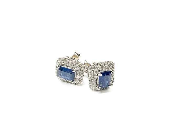 18K  White Gold Emerald Cut ~1.47ct Sapphire And ~.30ctw Diamond Halo Earrings