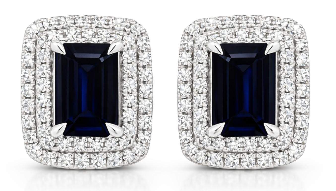 18K  White Gold Emerald Cut ~1.47ct Sapphire And ~.30ctw Diamond Halo Earrings