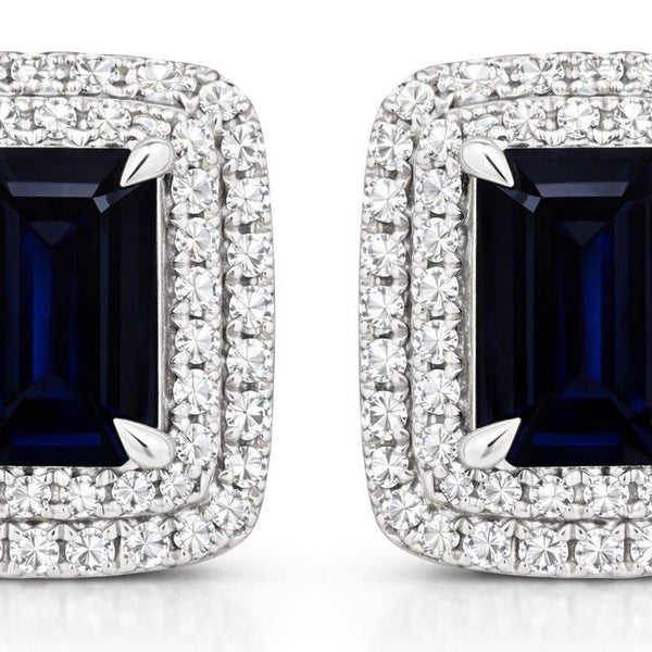 18kt White Gold 1.47ct Emerald Cut Sapphire & 0.30ct Diamond Double Halo Earrings