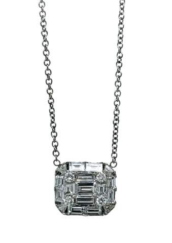 Simple Understated Elegant 18K White Gold ~0.69Ctw Diamond (GH/VS-SI), Pendant With 21 Baguette And Round Diamonds. On A 16 Inch Cable Chain