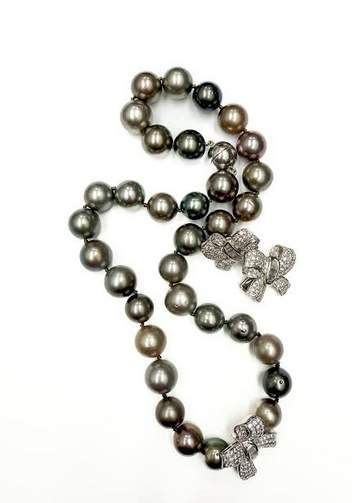 Black Cultured Pearl 18" Necklace, Multiple Shades, 11-13mm, 18K White Gold Bow Clasp With 84Round Diamonds And 8 Baguettes =~1.25ctw, Designer: Jye's Luxury Collection, Additional Sterling Ball Magnet Clasp, Provident Jewelery