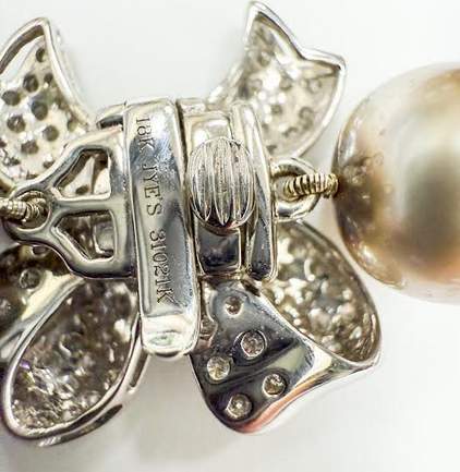 Black Cultured Pearl 18" Necklace, Multiple Shades, 11-13mm, 18K White Gold Bow Clasp With 84Round Diamonds And 8 Baguettes =~1.25ctw, Designer: Jye's Luxury Collection, Additional Sterling Ball Magnet Clasp, Provident Jewelery