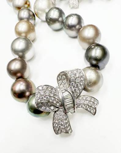 Black Cultured Pearl 18" Necklace, Multiple Shades, 11-13mm, 18K White Gold Bow Clasp With 84Round Diamonds And 8 Baguettes =~1.25ctw, Designer: Jye's Luxury Collection, Additional Sterling Ball Magnet Clasp, Provident Jewelery