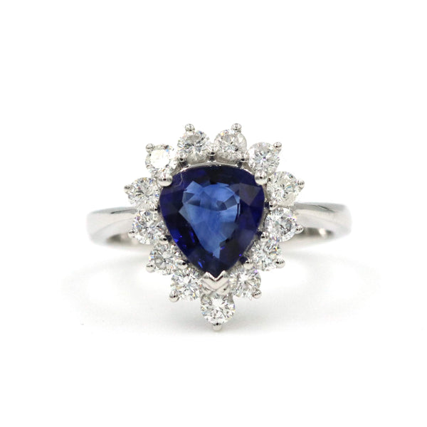 18kt White Gold 1.75ct Pear Shape Sapphire & 1.00ct Diamond Halo Ring