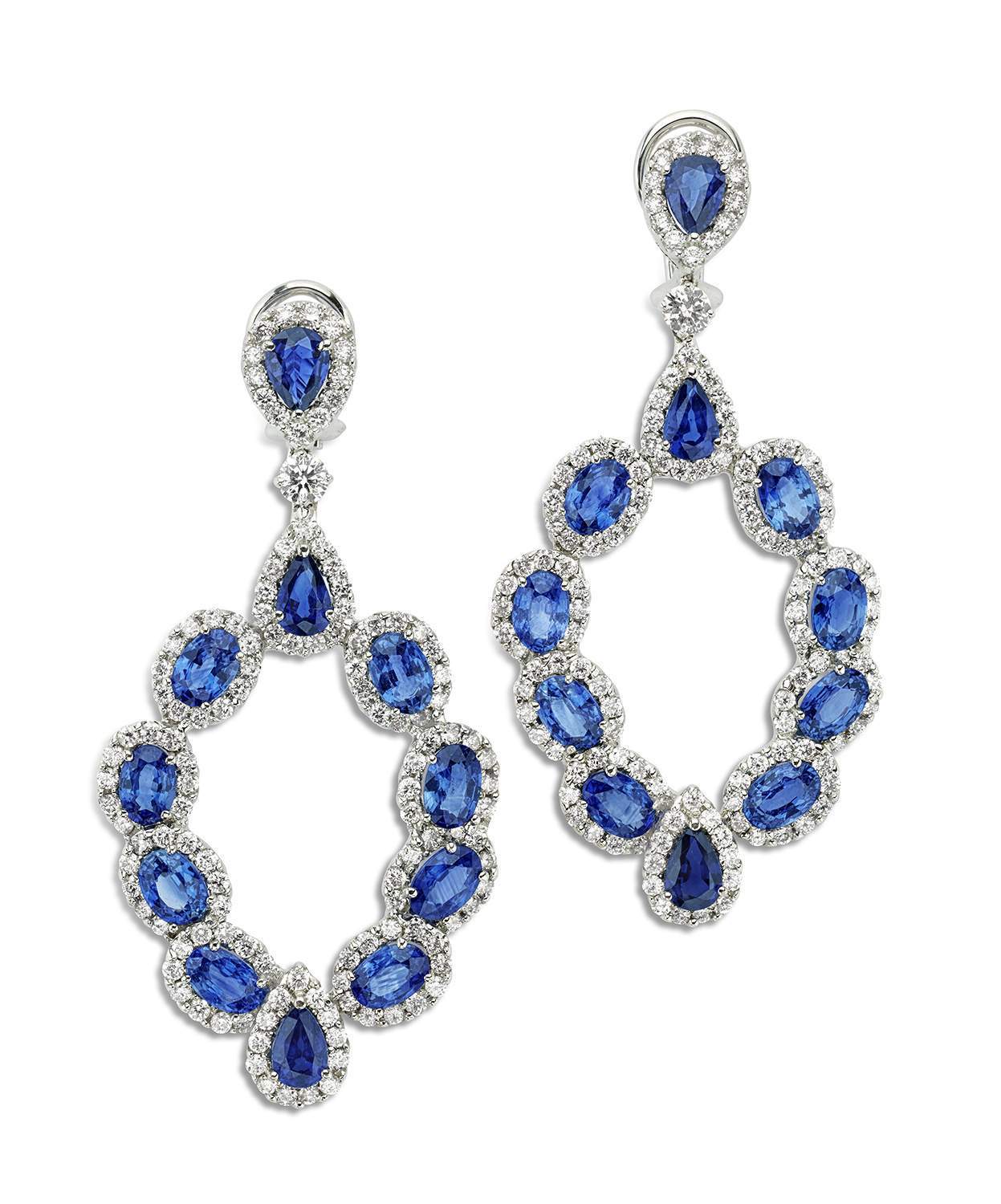 18K White Gold  ~11.92 Ctw Sapphire And ~4.00 Ctw Diamond Dangle Earrings