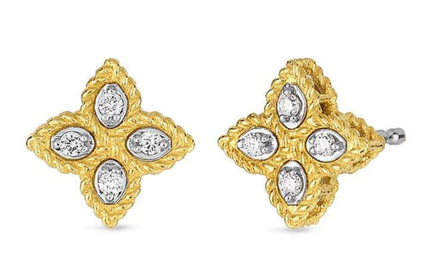 Roberto Coin 18K White And Yellow Gold Diamond Princess Small Flower  0.10ctw Diamond Earrings