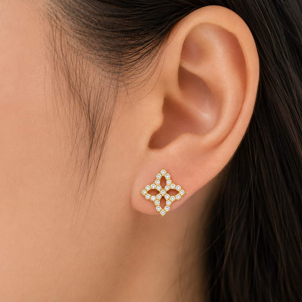 Roberto Coin 18K Yellow Gold Venetian Princess Flower Outline 1.85ctw Diamond Large Earrings