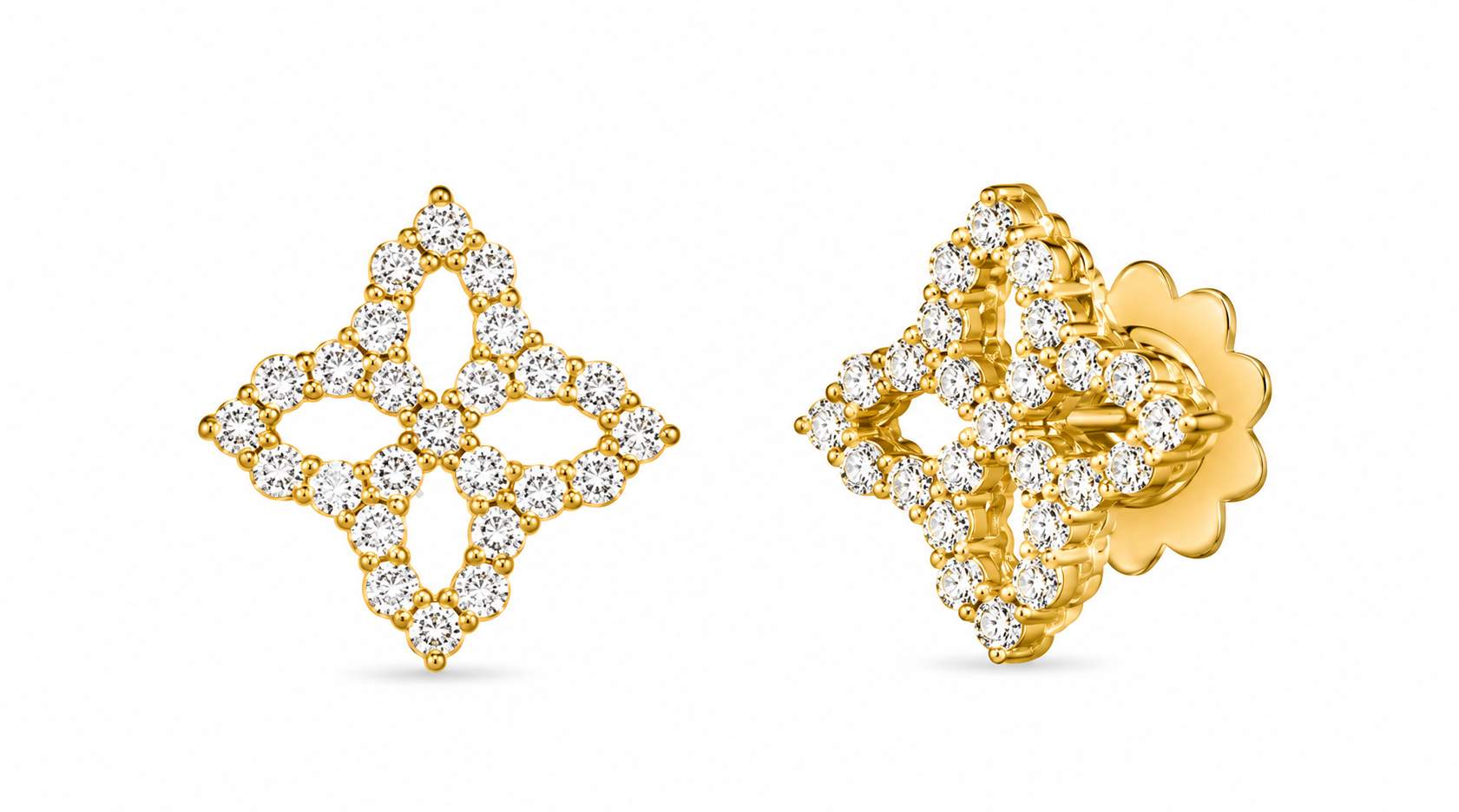 Roberto Coin 18K Yellow Gold Venetian Princess Flower Outline 1.85ctw Diamond Large Earrings