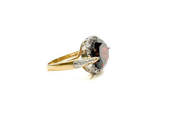 14K Yellow And White Gold Oval Garnet And Diamond Halo Ring