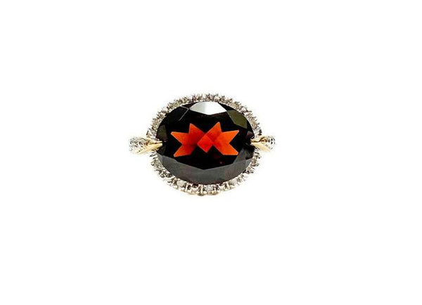 14K Yellow And White Gold Oval Garnet And Diamond Halo Ring
