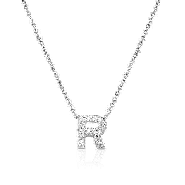 Roberto Coin 18K White Gold Tiny Treasures .06ctw Diamond "R" Love Letter Necklace, 16/18"