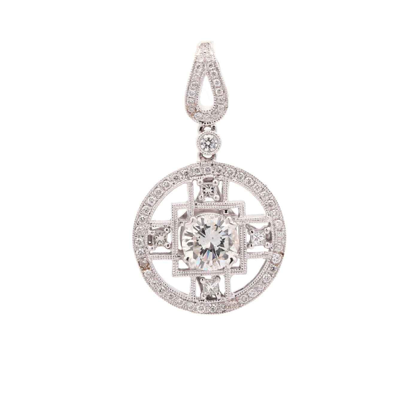 18K White Gold Round  ~0.43 ctw Diamond Circle Pendant Square  ~1.00Cts Diamond In It Center.