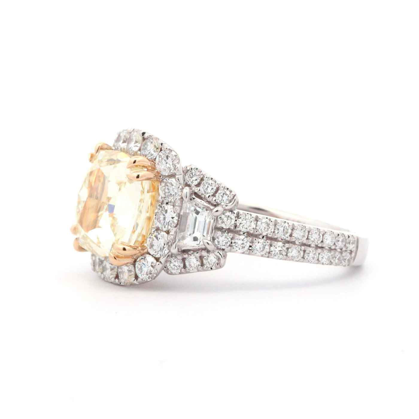 18K  Yellow And White Gold  4.08Ct GIA Yellow  Diamond And  White ~1.90 Ctw Diamond Halo Ring