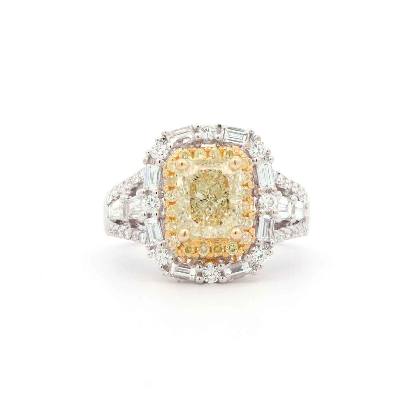 18K  Yellow And White Gold ~2.02 Ct Yellow Diamond  And  ~1.28 Ctw  White Diamond Diamond Double Halo Ring