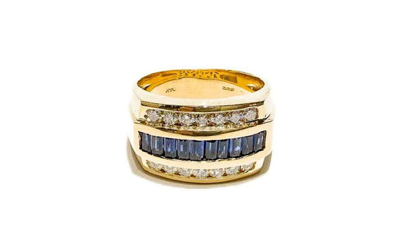 Men's 14K Yellow Gold Three Row ~0.95Ctw Diamond And ~1.70Ctw Sapphire Men's Ring.