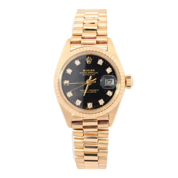 Estate 18K Yellow Gold Lds Rolex President 1982 Black Diamond Dial