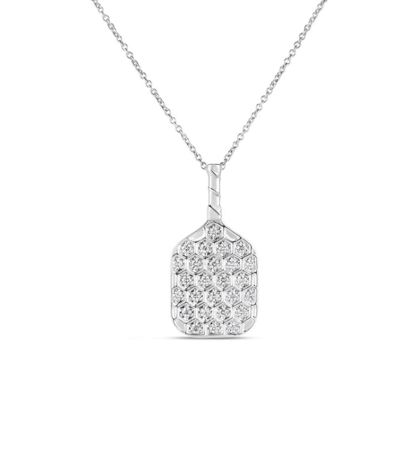Roberto Coin 18K White Gold Tiny Treasures ~0.21ctw Diamond Pickle Ball Racket Pendant on 18" Chain.