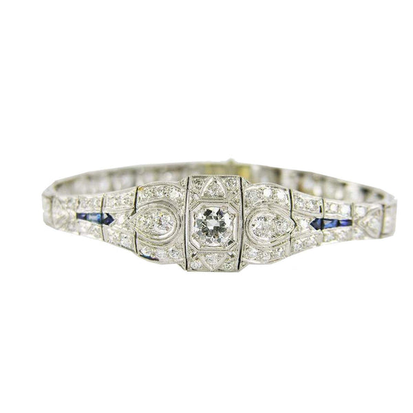 Platinum And 18K White Gold Deco Bracelet Containing 67 Round Diamonds Weighing ~6.00Ctw With Sapphire Accents