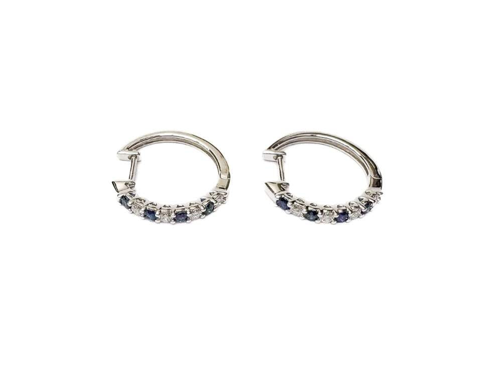 14K White Gold  ~.25ctw Diamond And  ~.33ctw Sapphire Huggie Earrings