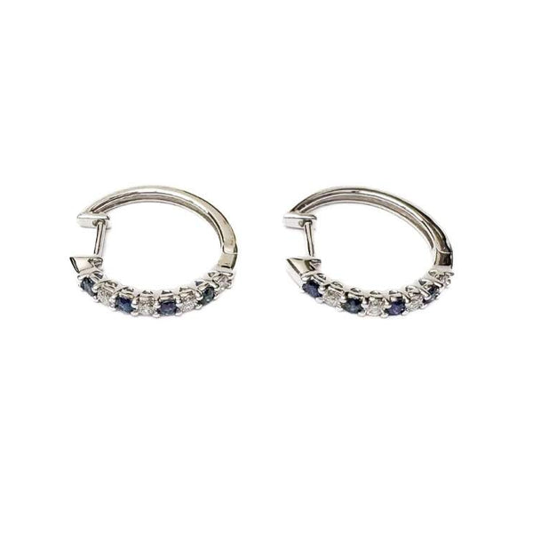14K White Gold  ~.25ctw Diamond And  ~.33ctw Sapphire Huggie Earrings