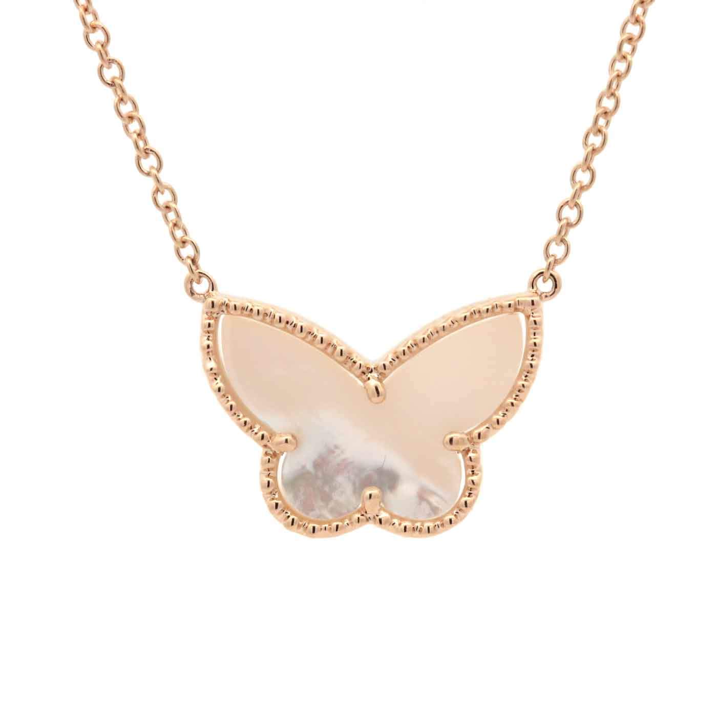 14K Yellow Gold White Mother Of Pearl Butterfly Necklace Hanging From 18" Chain