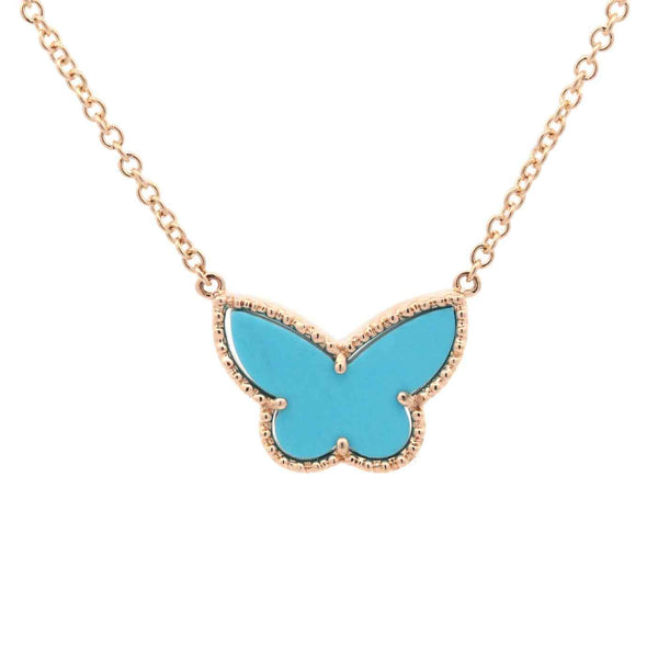 14K Yellow Gold Turquoise Butterfly Necklace Hanging From 18" Chain Provident Jewelery