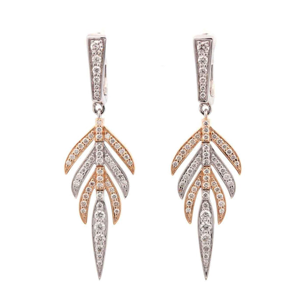 14K Yellow And White Gold Round ~0.63ctw Diamond Leaf Dangle Drop Earrings Provident Jewelery