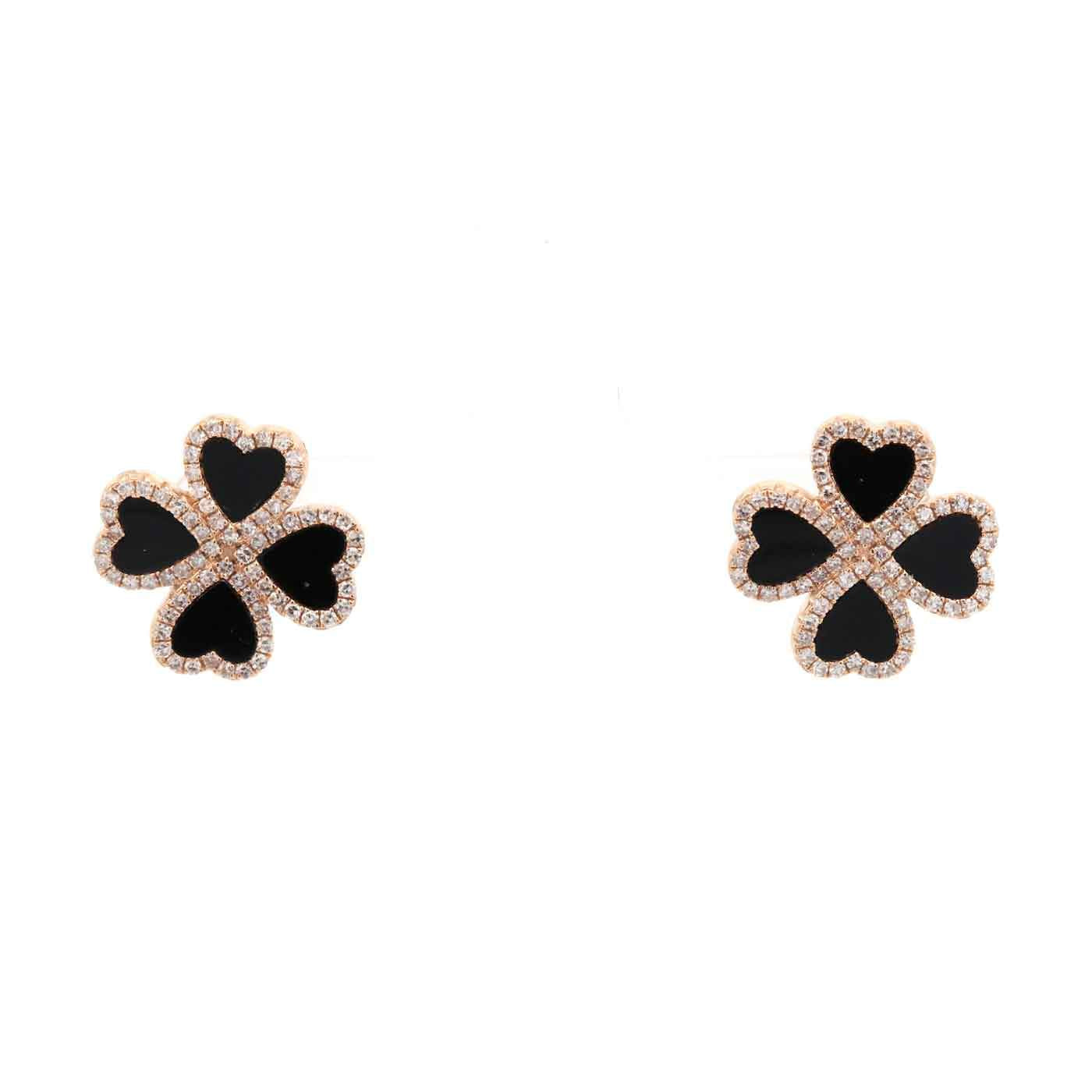 14K Yellow gold 4 Leaf Clover Stud Earrings with Heart shaped Black Onyx And ~0.58ctw Diamonds