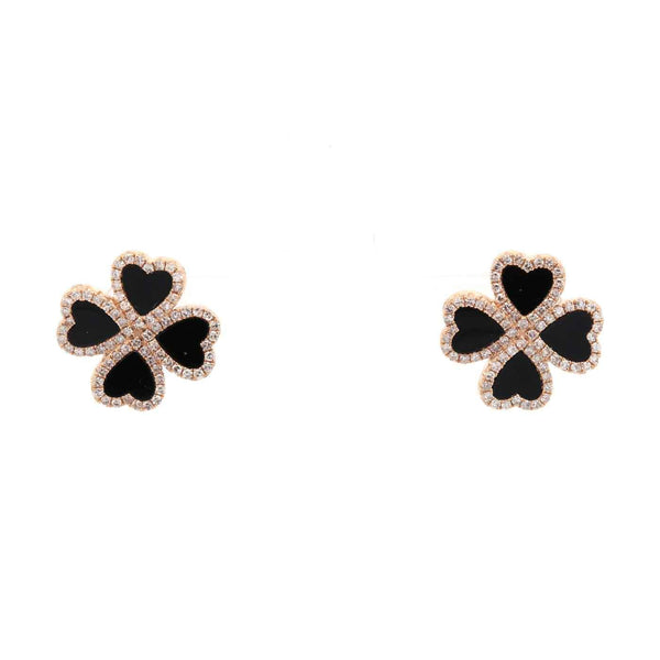 14K Yellow gold 4 Leaf Clover Stud Earrings with Heart shaped Black Onyx And ~0.58ctw Diamonds