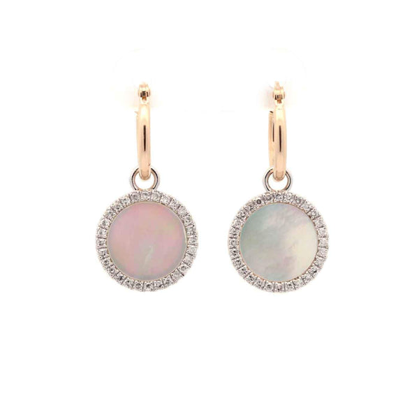 14K Yellow Gold Small Hoops With White Gold ~0.34 Ctw Diamond Halo Mother of Pearl Circles, Hooplets, Removable Dangles,