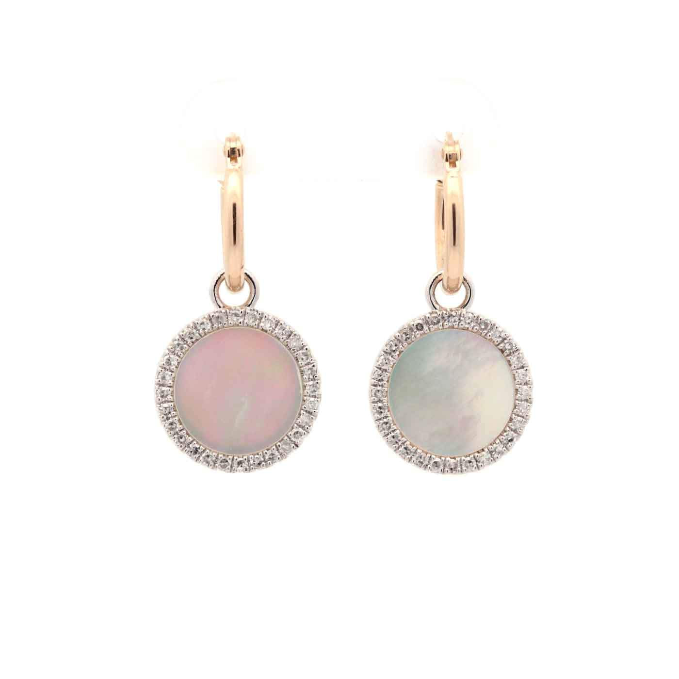 14K Yellow Gold Small Hoops With White Gold ~0.34 Ctw Diamond Halo Mother of Pearl Circles, Hooplets, Removable Dangles,