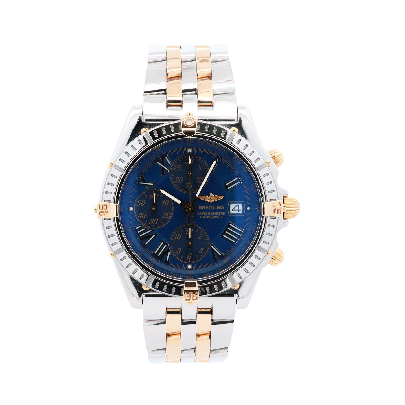 Breitling Crosswind Chronograph B13355 Automatic Movement Gold And Steel Case And Bracelet Blue Dial And Sub Dial 43mm SN#452028, gold and steel links in pilot bracelet, as is no warranty