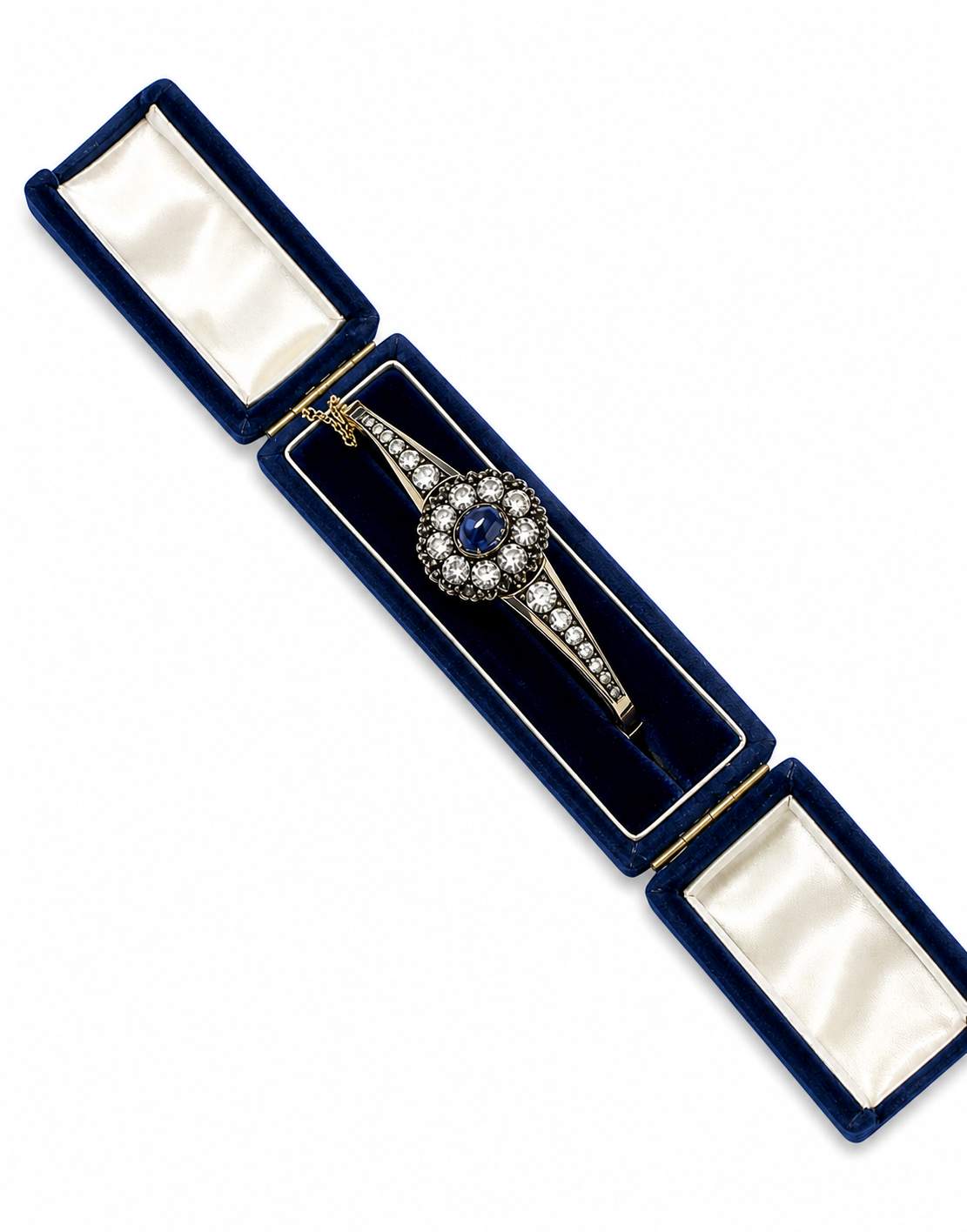 14K Yellow Vintage Sapphire Diamond Bangle Bracelet, With Vintage Blue Box