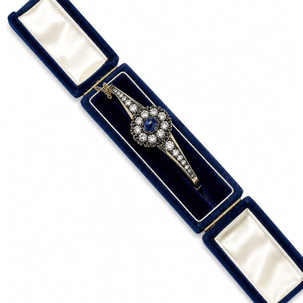 14K Yellow Vintage Sapphire Diamond Bangle Bracelet, With Vintage Blue Box